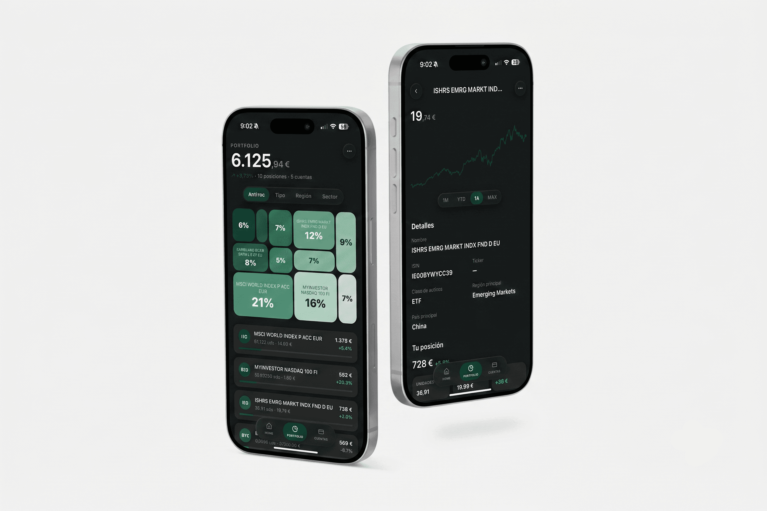 FinTrack – portfolio and asset detail screens on iPhone